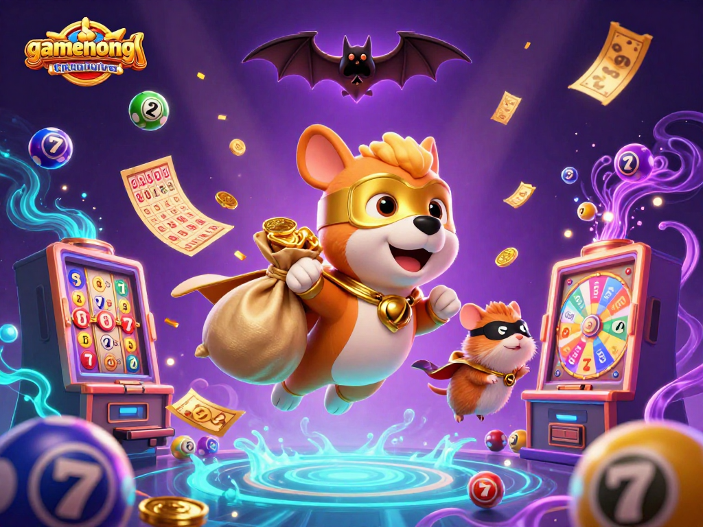 Experience gamenongtraivuive with a vibrant scene featuring a superhero dog and lucky symbols, dynamic and rewarding.