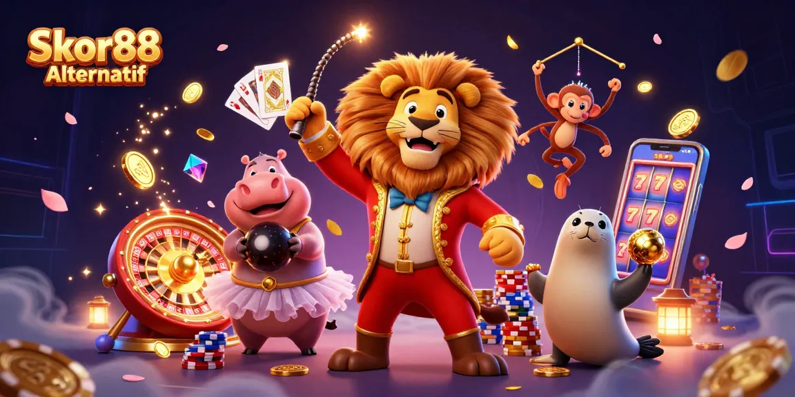 Spin and win with Skor88 Alternatif in this vibrant casino scene featuring dynamic characters and rich game elements.
