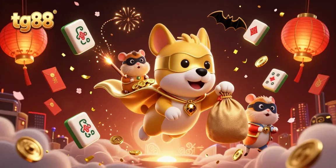 Engage in thrilling casino action with tg88's hero dog flying amidst coins and bonuses.