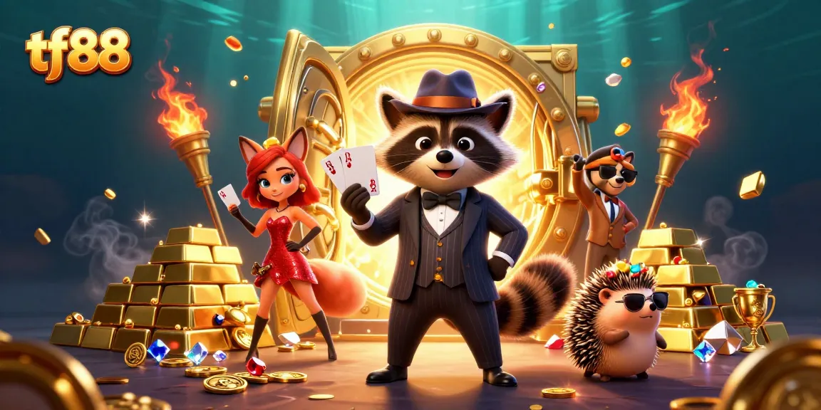 Experience tf88’s thrilling casino atmosphere with a suave raccoon and vibrant characters amidst golden treasures.