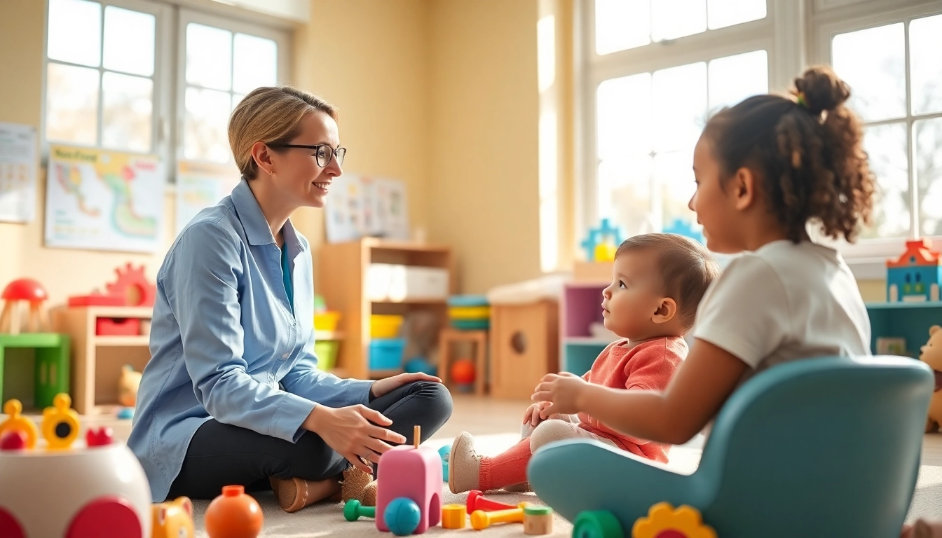 Engaging ABA therapy in Northville session showing child interacting with therapist in a colorful room.