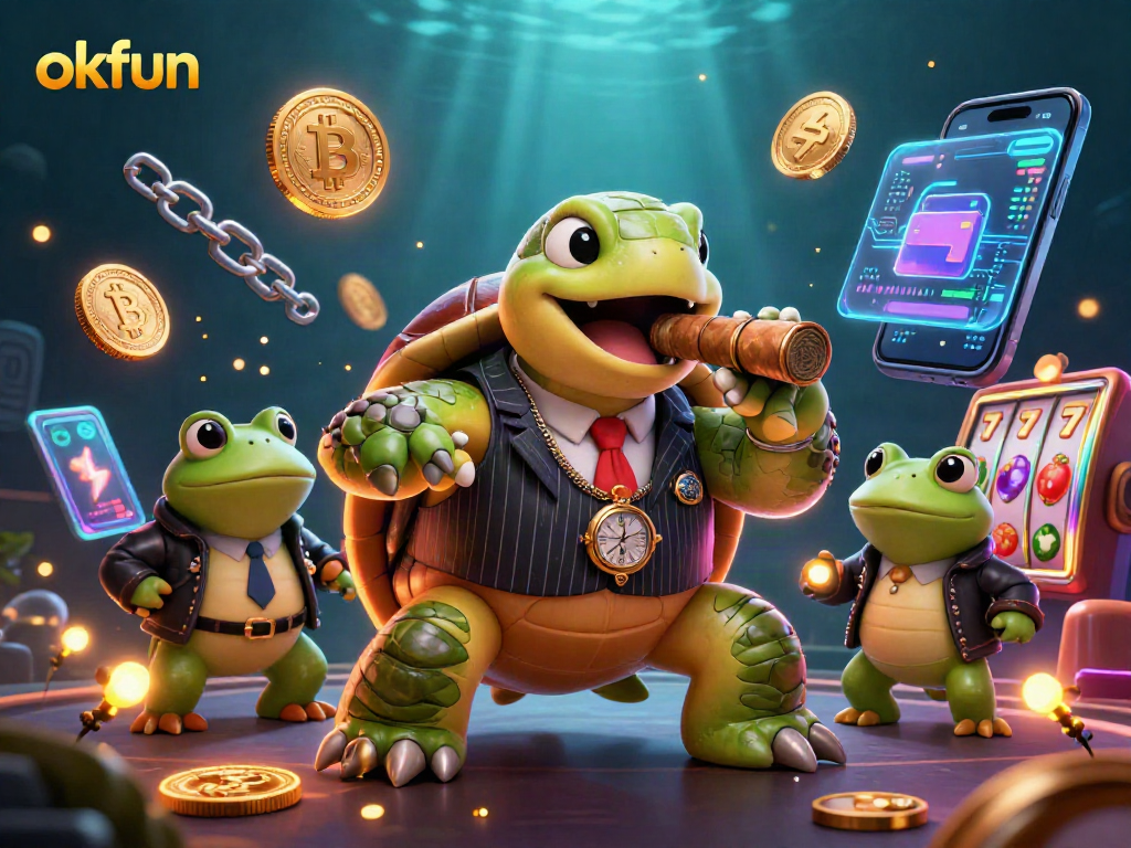 okfun showcases a vibrant casino scene with a snapping turtle mobster and bullfrog enforcers.