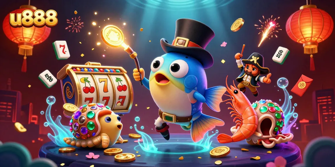 Win big with u888 in a vibrant underwater casino scene featuring unique characters and slot reels.