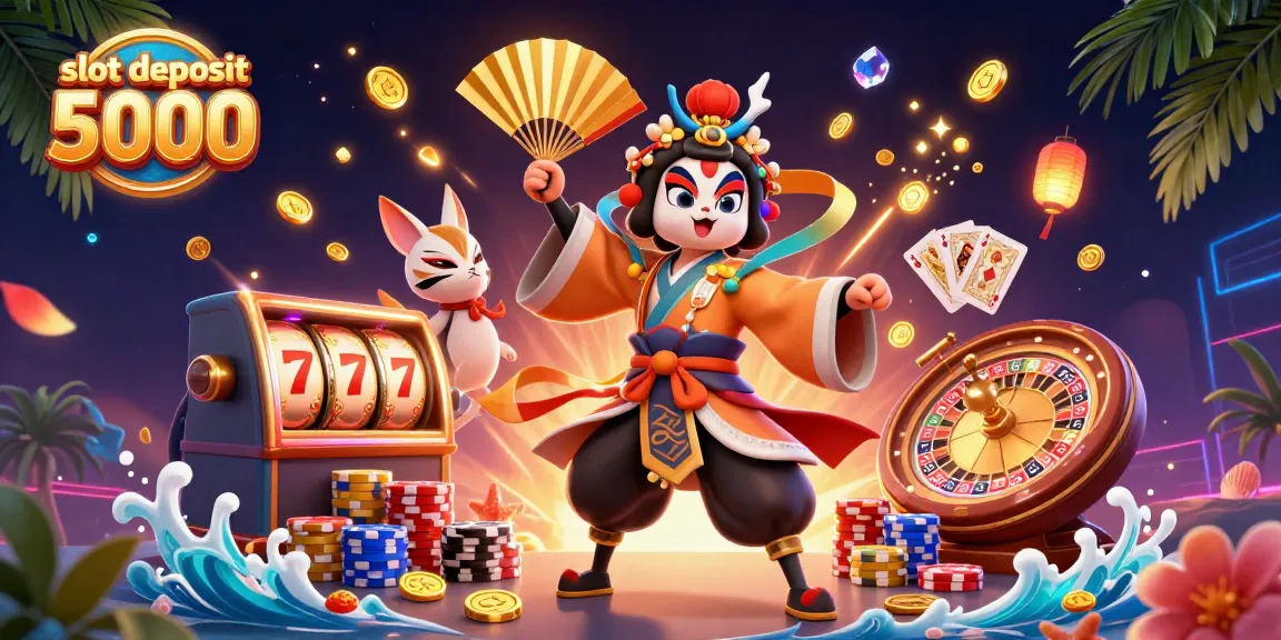 Experience winning at slot deposit 5000 with a vibrant casino scene featuring lucky symbols.