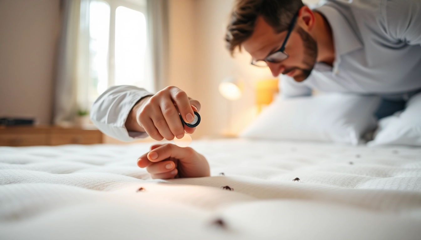 Treating bed bugs with expert inspection techniques in a clean, bright bedroom environment.