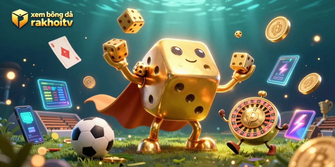 Experience xem bóng đá rakhoitv with animated characters and vibrant sports betting elements.