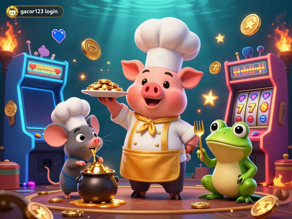 Engage with gacor123 login as a chef pig serves gold coins in a thrilling casino environment.