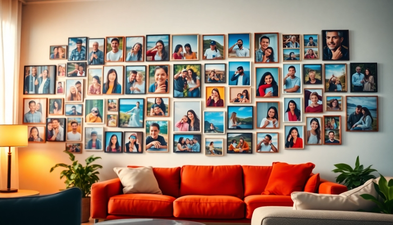 Brightly colored photo wall decorated with personal snapshots celebrating cherished memories.