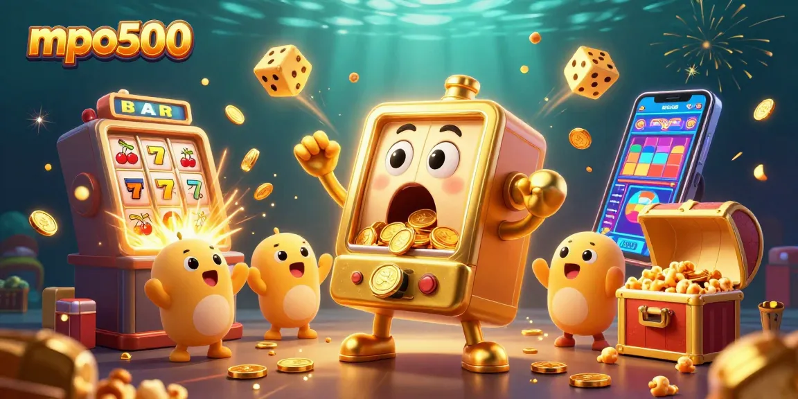 Experience mpo500’s thrilling slot machine action as golden coins spill from a jubilant character, surrounded by vibrant casino elements.