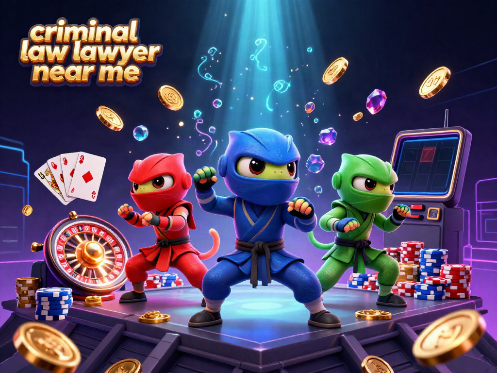 Witness the vibrant action of a team of chameleon ninjas showcasing gambling magic, featuring "criminal law lawyer near me".