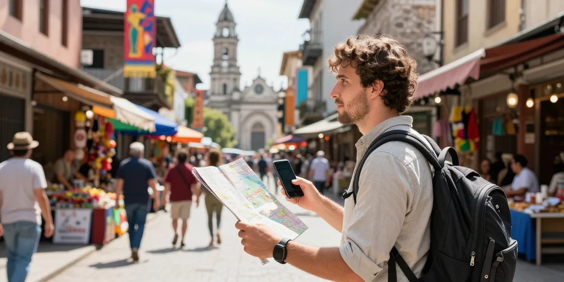 Traveler enjoying a guided tour with NAGA2000 in an exciting cityscape.
