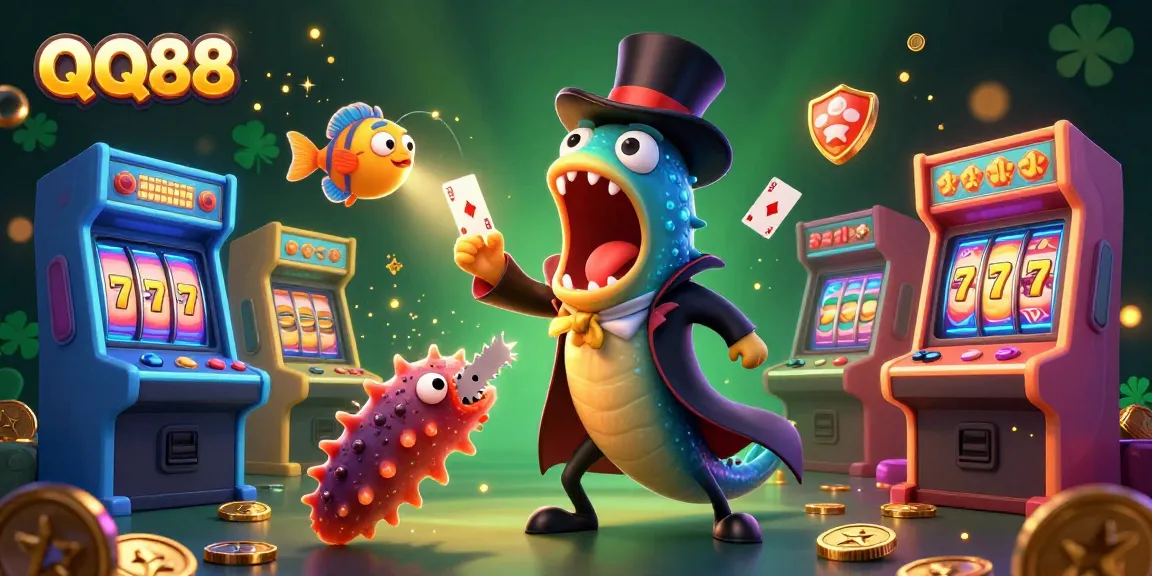 Engage with QQ88's thrilling casino experience featuring a magician eel and glowing slot reels.