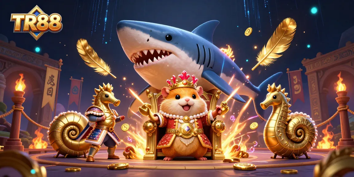 Join TR88's fierce golden hamster king in a thrilling casino battle surrounded by seahorse guards and vibrant tokens.