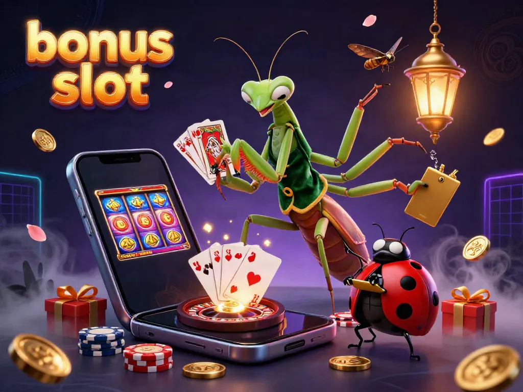 Engage in exciting gameplay with our vibrant bonus slot illustration, featuring a playful 3D mantis dealing cards and celebrating wins.