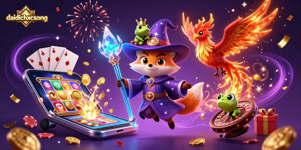 Dive into daidichxacsong with a mystical fox and phoenix amidst colorful slot games and casino elements!