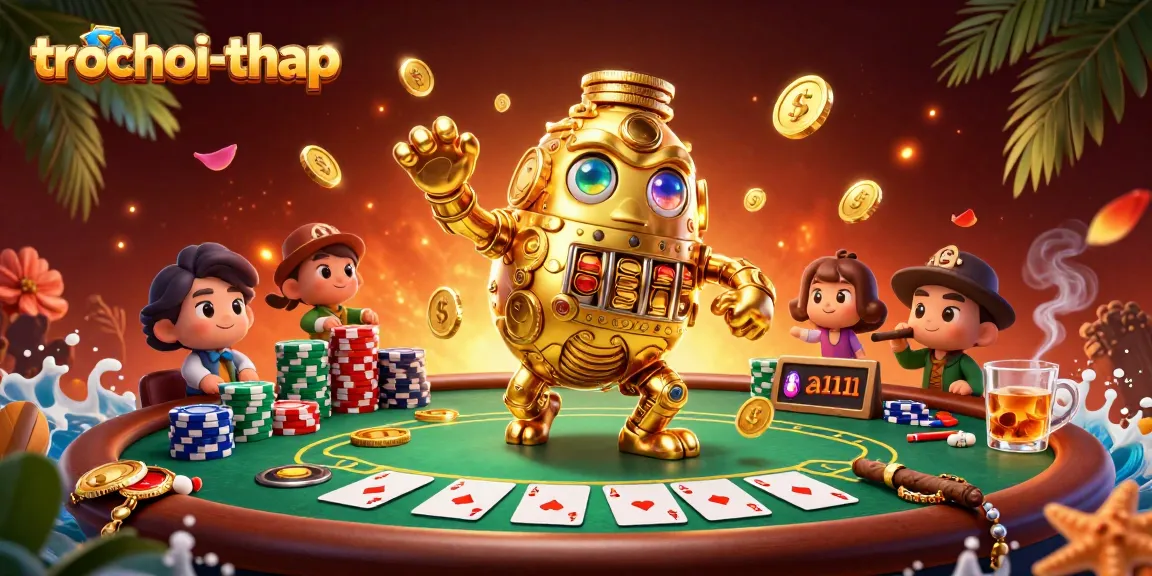 Experience thrilling gameplay in trochoi-thap with a golden coin golem amidst vibrant poker elements.