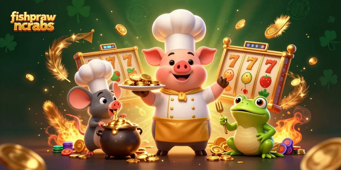 Fishprawncrabs illustration depicting a chef pig, mouse, and frog in an exciting slot game environment.