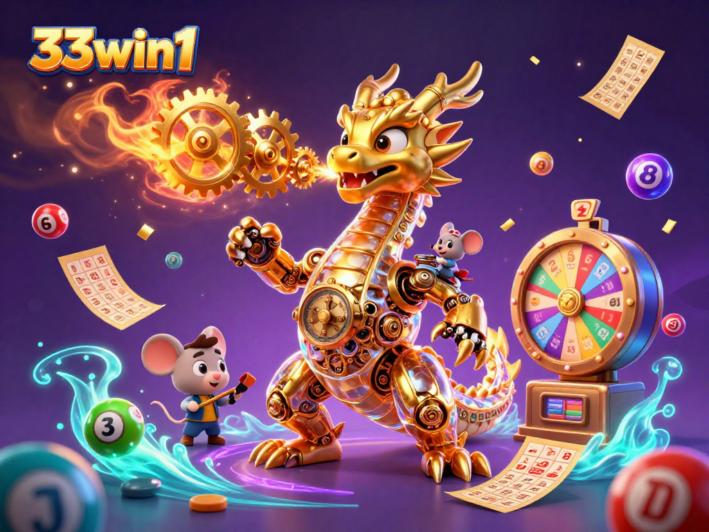 Participate in 33win1 with a vibrant 3D scene depicting lottery excitement and gaming elements.