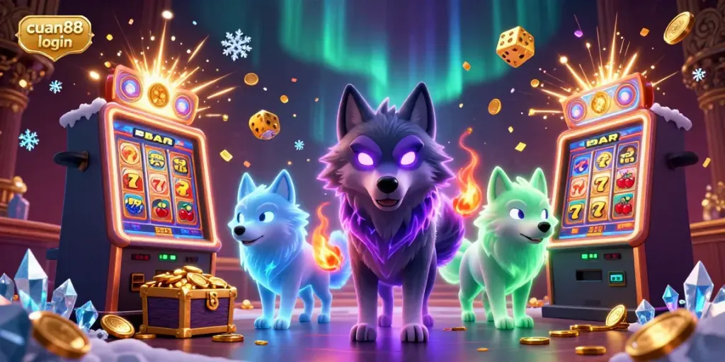 Experience cuan88 login with engaging casino fun, highlighted by energetic wolf characters and slot jackpots.