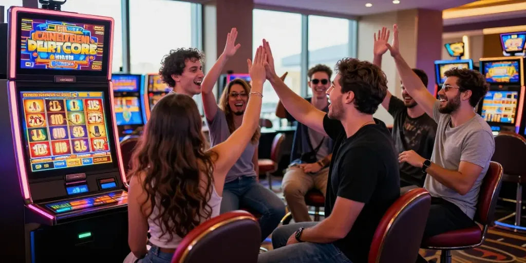 Exciting slot gacor experience in a lively casino where players celebrate a jackpot win.