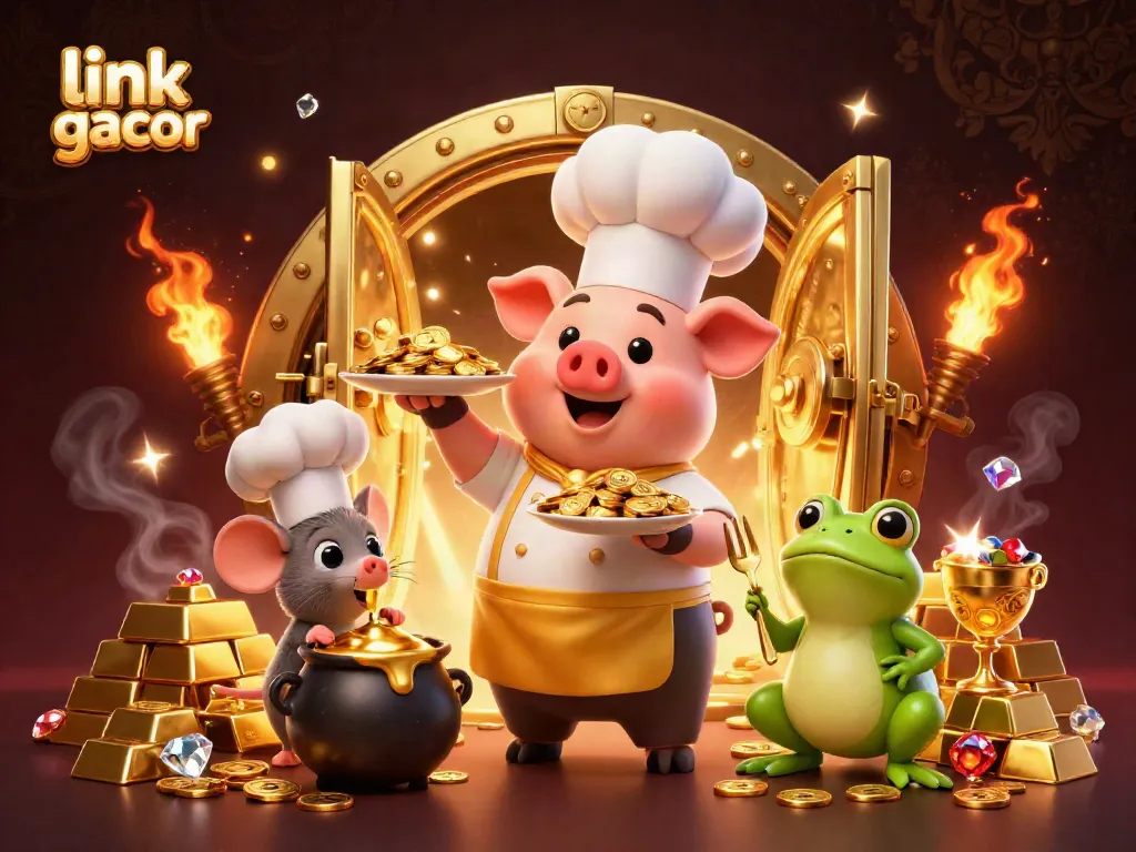Experience excitement with link slot gacor as a pig chef serves gold coins, enhanced by vibrant casino elements.