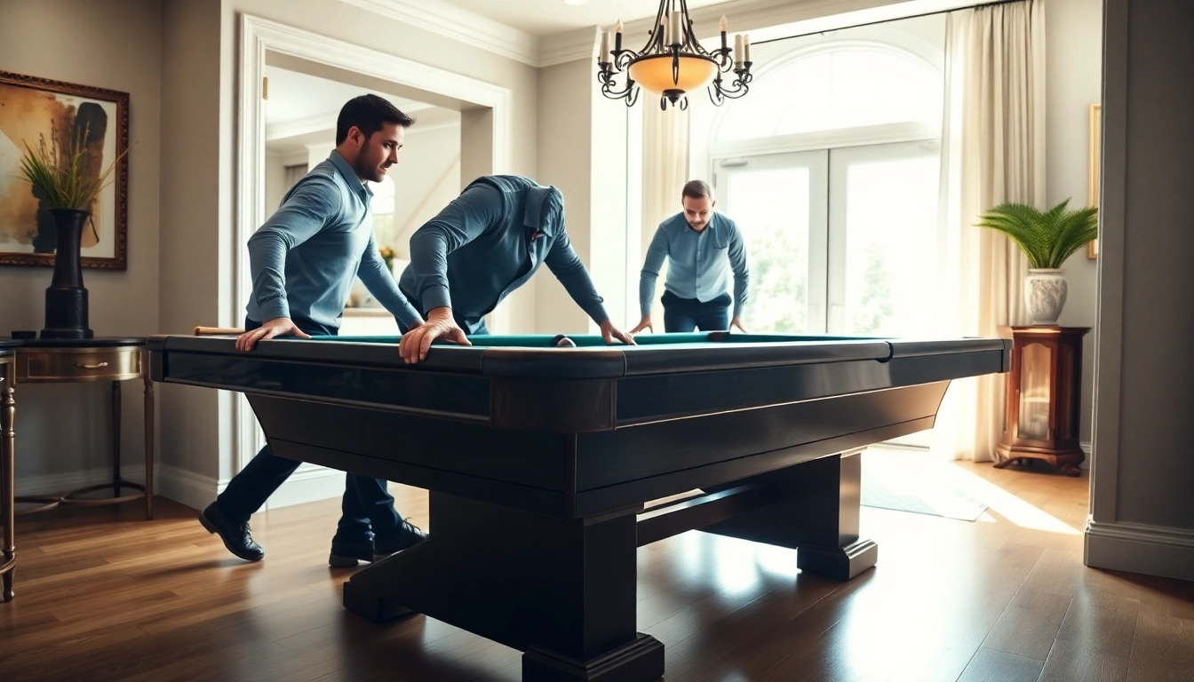 Pool table mover dfw professionals carefully relocating a slate pool table in a home.