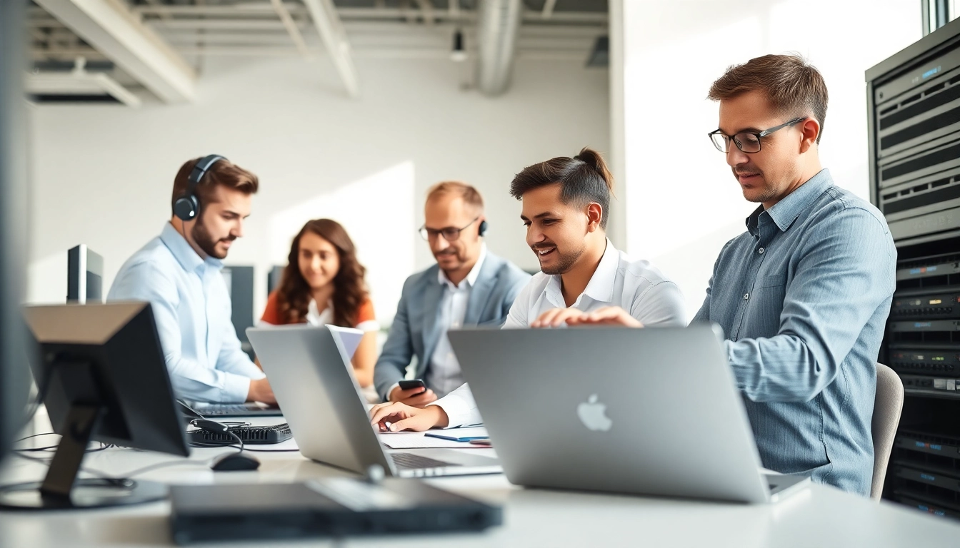 Highlighting it support in business with a collaborative team solving IT issues in an office environment.
