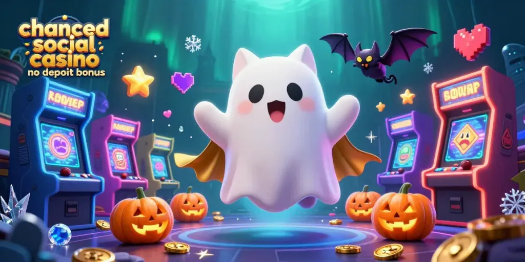 Engage with the chanced social casino no deposit bonus featuring a ghost cat and vampire bat in a haunted mansion.