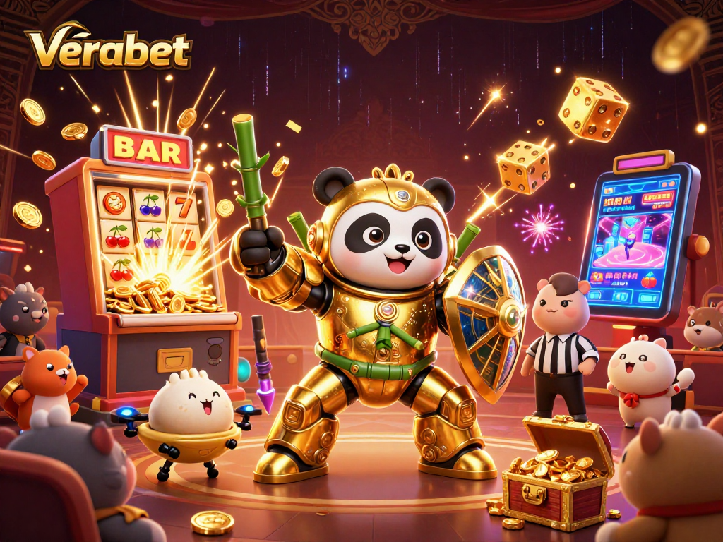 Experience thrilling gaming excitement with Verabet's vibrant 3D casino scene featuring colorful jackpots and lively characters.