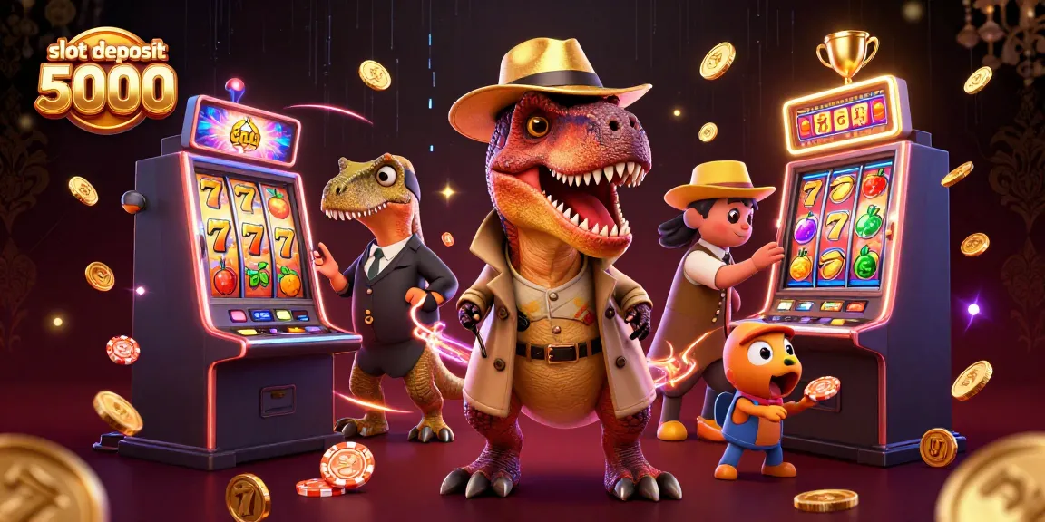 Slot deposit 5000: Velociraptor di mesin slot sambil mencuri chip, suasana kasino yang dinamis.