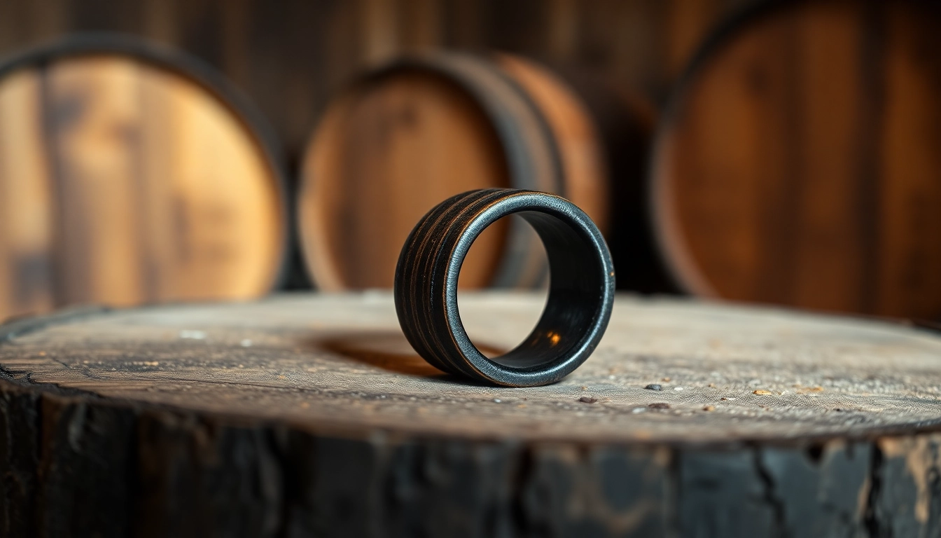 Showcase Whiskey Barrel Wedding Bands featuring reclaimed wood in a rustic setting for beautiful designs.
