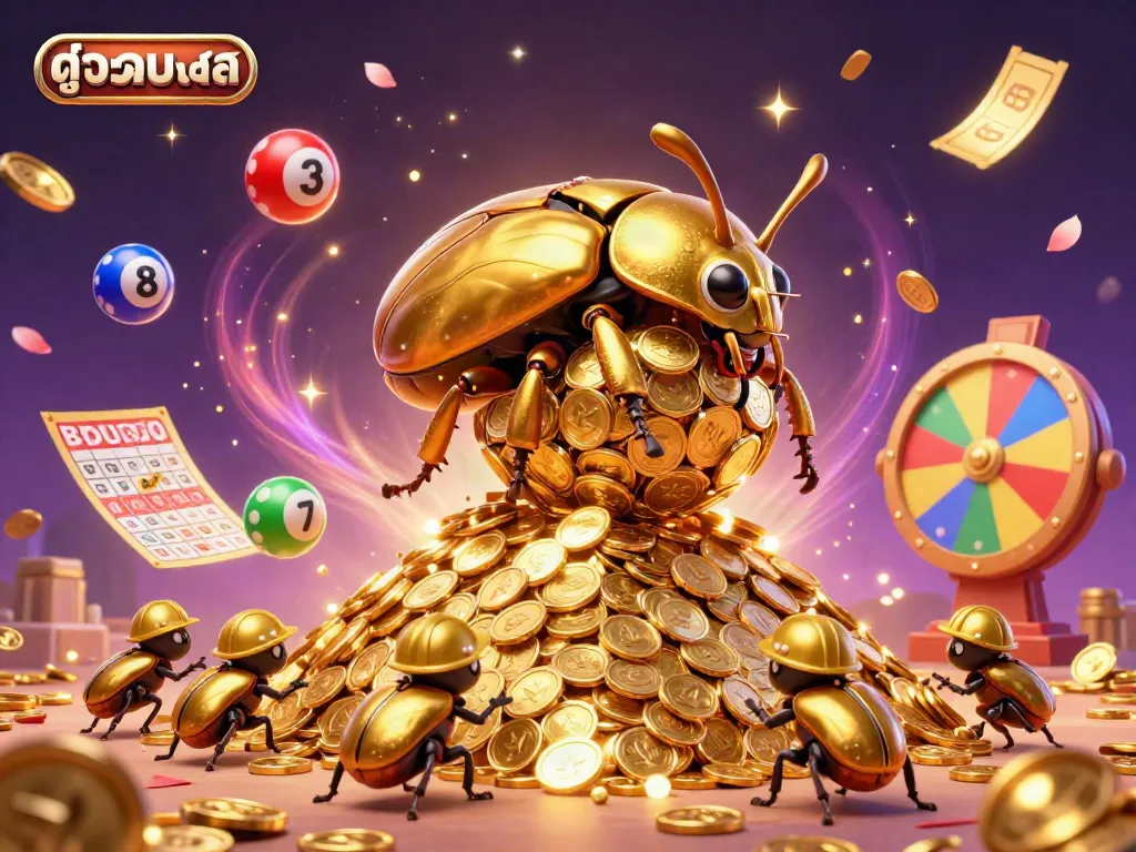 View ดูบอลสด action with golden coins, lottery elements, and colorful dynamics in a vibrant scene.