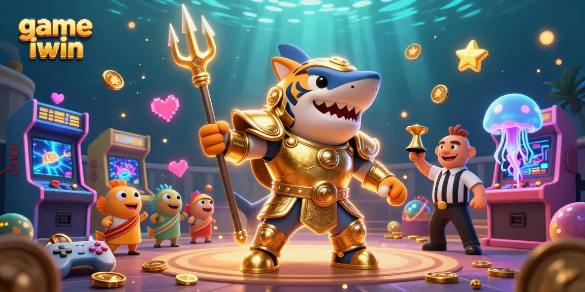 Engage with game iwin as a fierce shark in gladiator armor, highlighting the thrilling casino atmosphere.