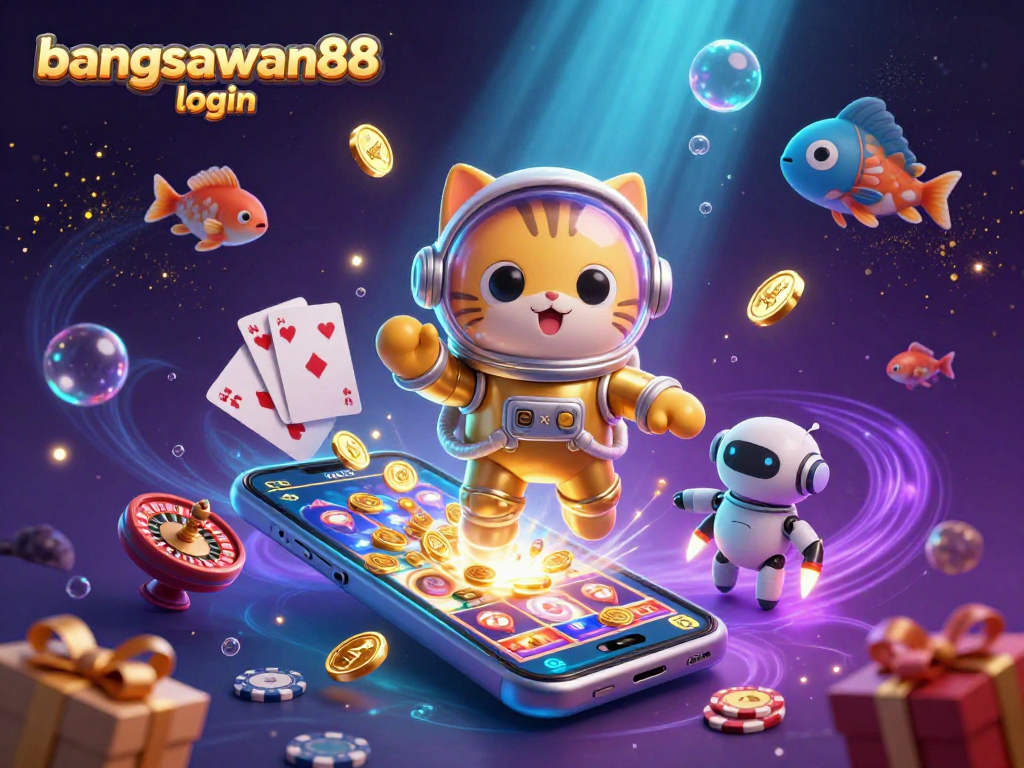 Engage with the bangsawan88 login experience featuring a cartoon astronaut cat and robot dog in a vibrant casino-themed galaxy.