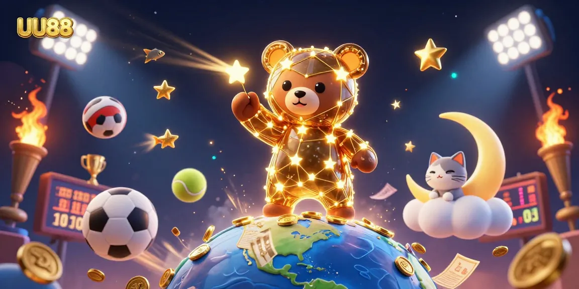 Engage with UU88's vibrant 3D casino illustration featuring golden stars and sports elements.
