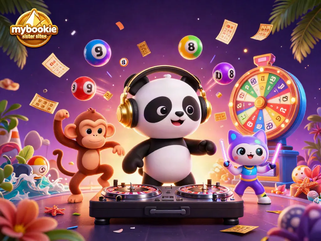 Experience mybookie sister sites with a vibrant 3D party scene featuring a DJ panda and a monkey dancing.