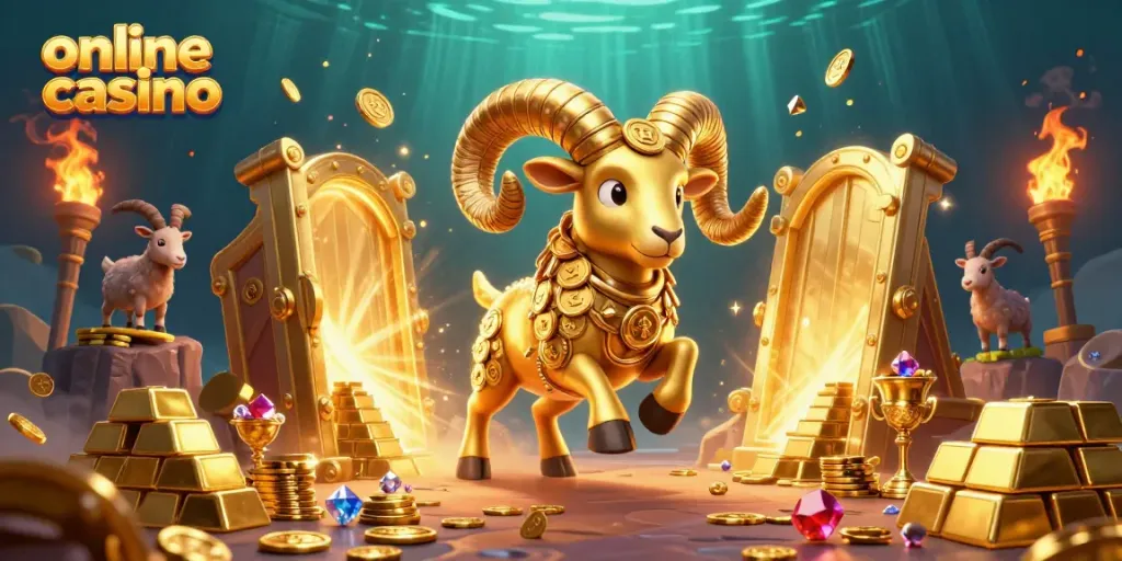 Experience the thrill of the online casino with a golden ram charging at a treasure vault in a vibrant 3D scene.