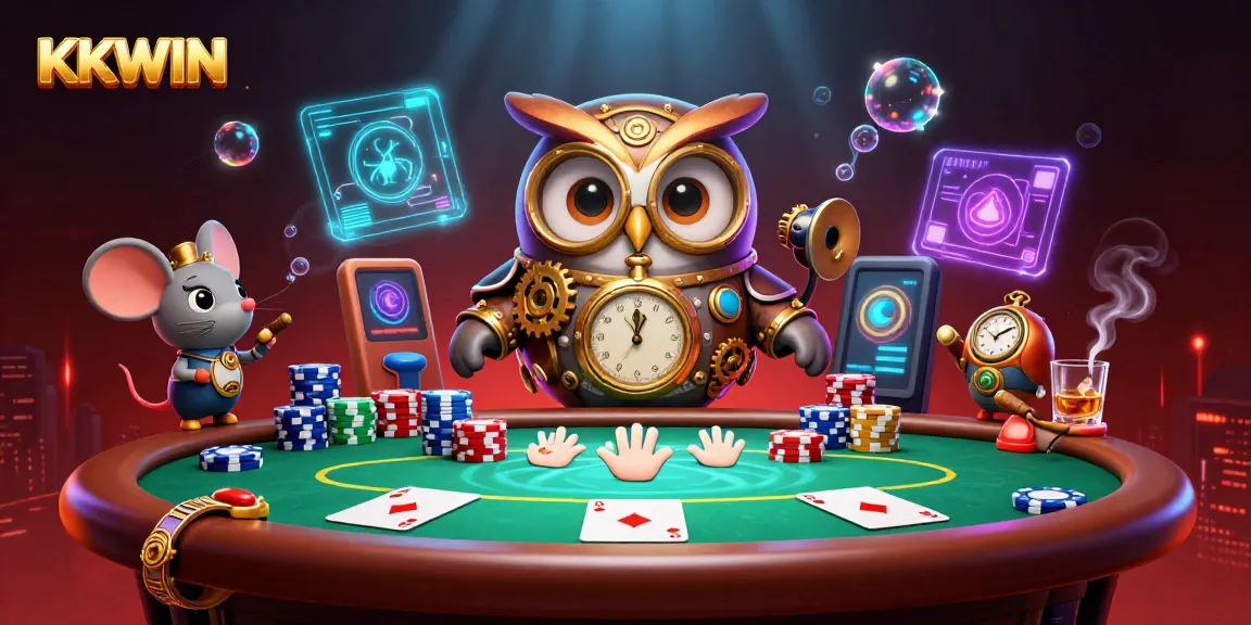 Join the fun at KKWIN with our vibrant steampunk casino scene featuring a time-traveling owl and poker excitement.