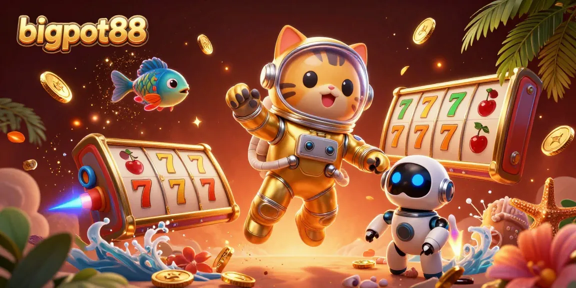 Engage with bigpot88's vibrant casino experience featuring an astronaut cat amidst floating slot reels and golden coins