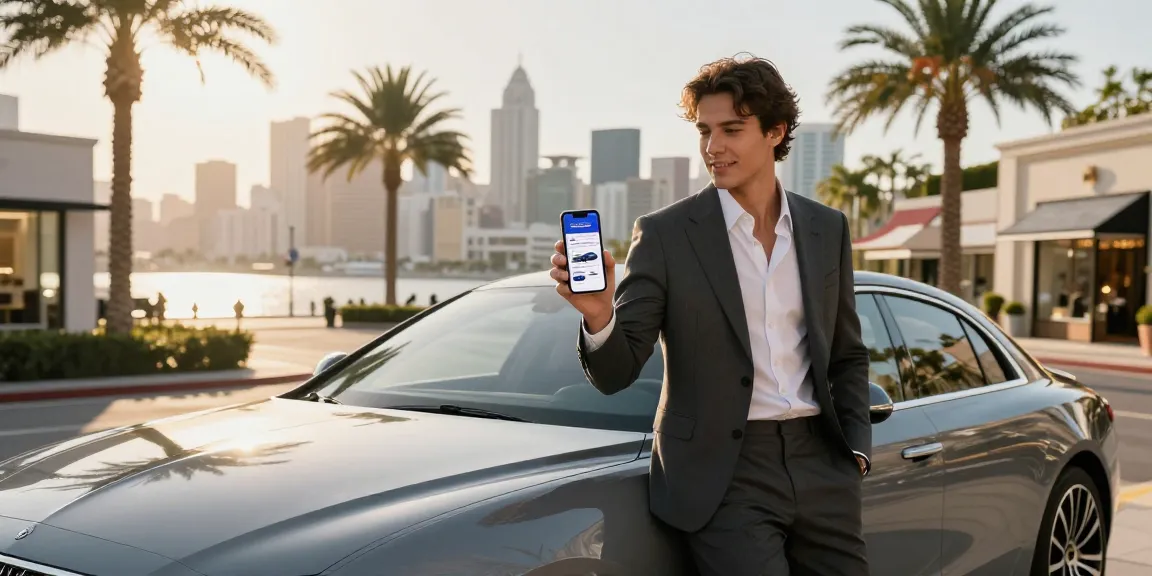 Momen mewah dengan mobil LUXURY 777 di latar belakang kota, pria berpakaian jas menampilkan gaya hidup mewah.