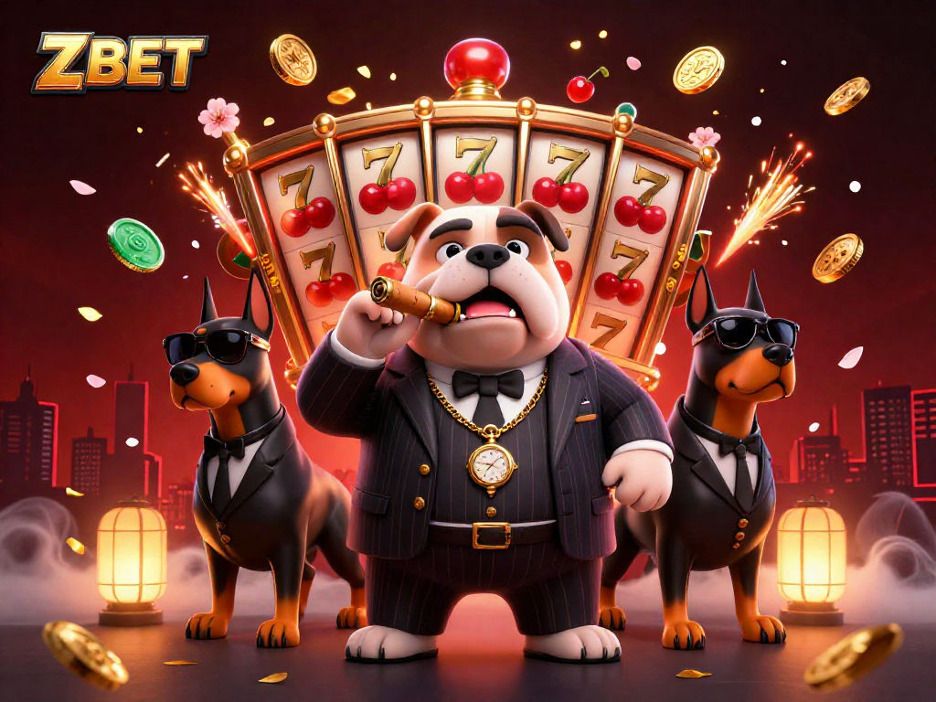 ZBET casino illustration showcasing a mafia bulldog and Doberman bodyguards amid colorful slots and festive elements