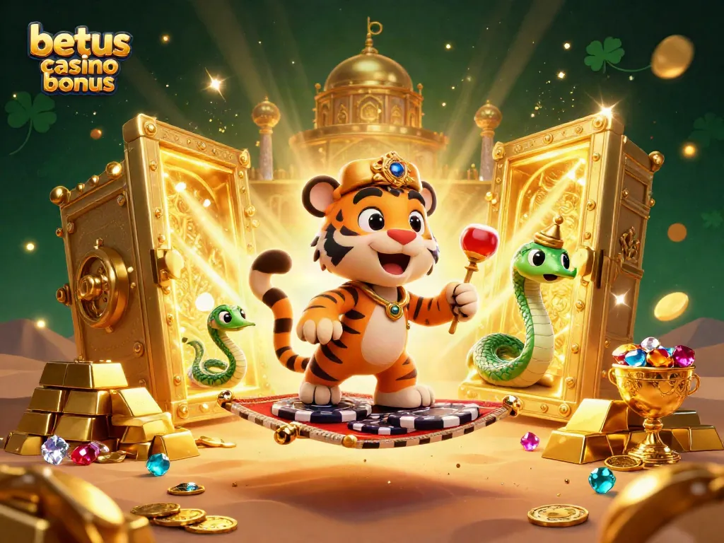 Engage with the betus casino bonus as the sultan and genie snake unveil treasures in a magical scene.