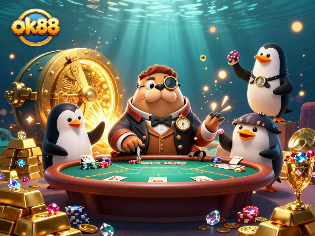Play poker with the whimsical characters at ok88’s underwater casino, surrounded by treasures.
