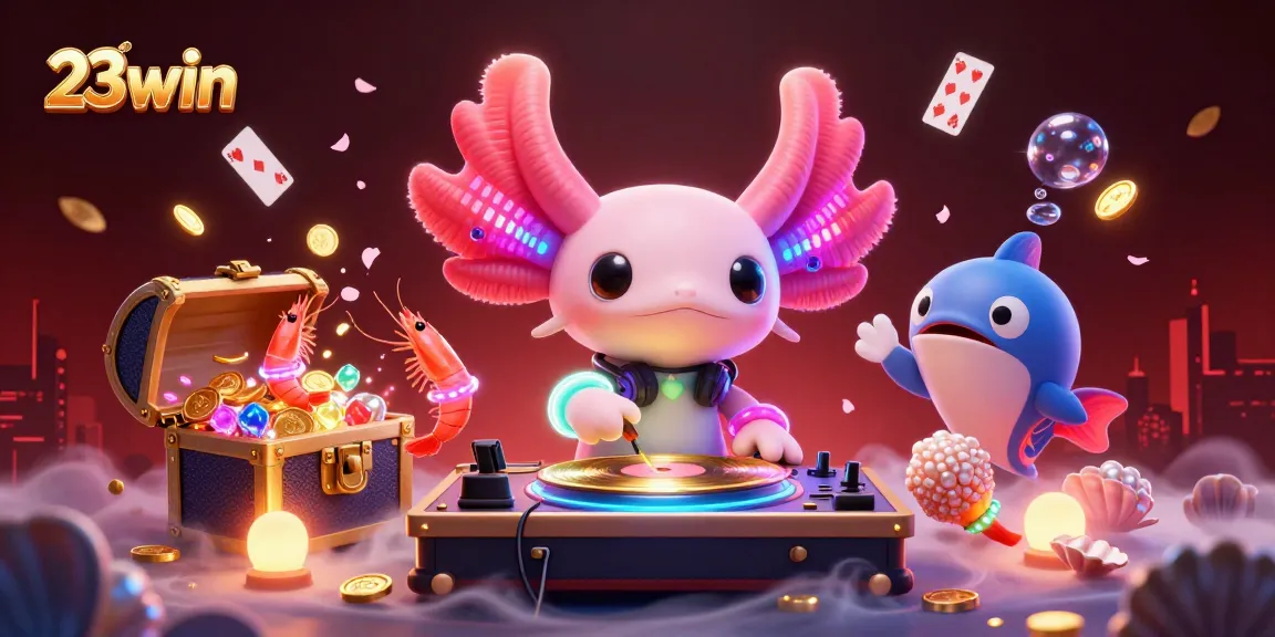 Join the vibrant action at 23win with a lively DJ axolotl spinning records in an underwater treasure scene.