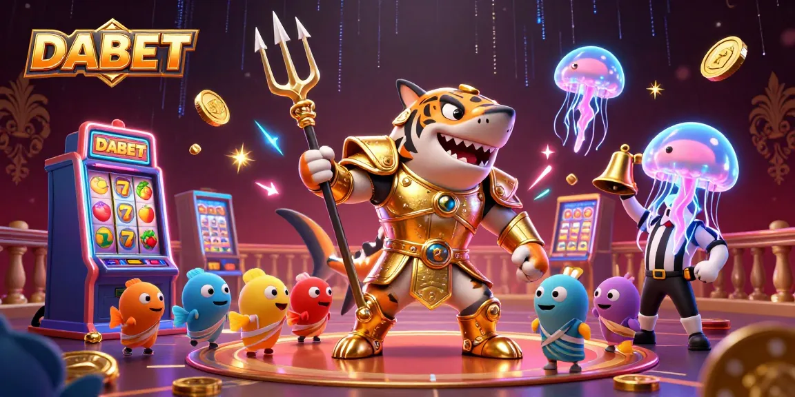 DABET tiger shark in gladiator armor wields a trident amidst slot machines in a vibrant casino scene.