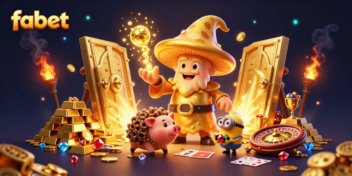 Win big with fabet: A vibrant 3D casino scene showcasing treasure, a wizard, and classic game elements.