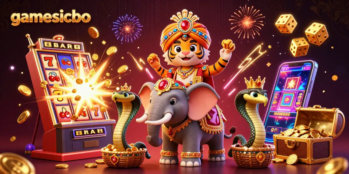 Experience the excitement of gamesicbo with a jackpot explosion and vibrant casino elements surrounding a majestic maharaja tiger.