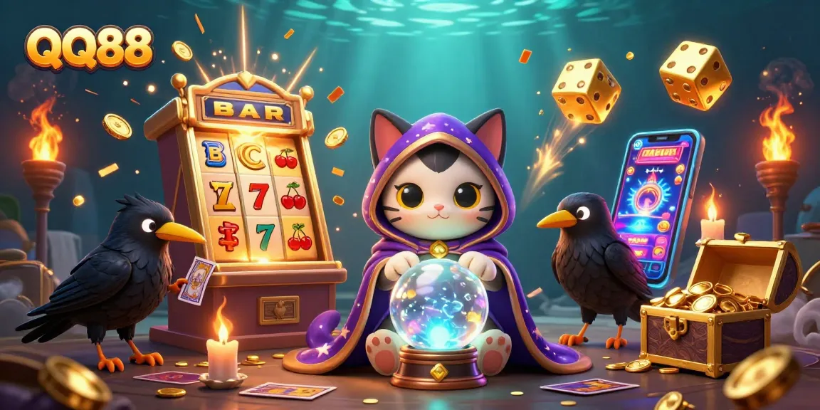 Bet on QQ88's exciting features with a mystical cat and raven surrounded by casino elements.