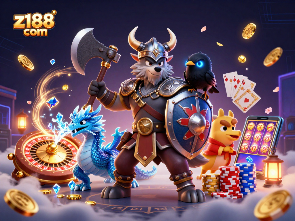 Play exciting games with z188 com's Viking-themed illustration, featuring symbols of wealth and adventure in a vibrant casino.