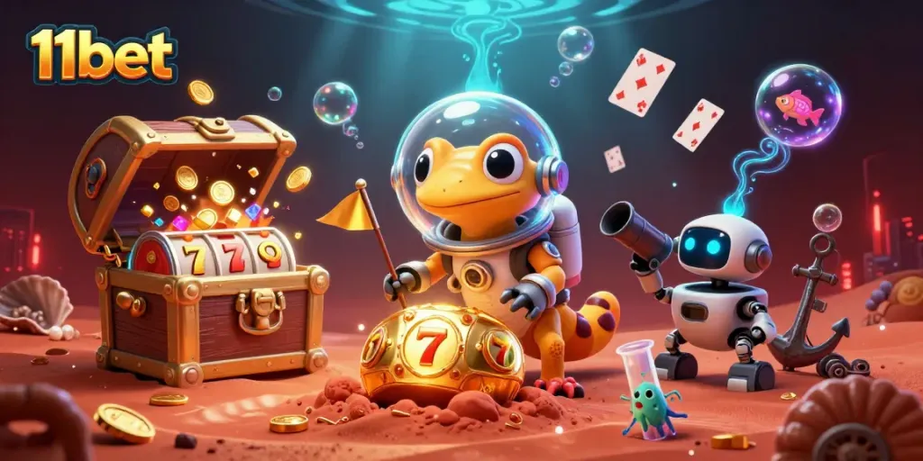 11bet facilitates an exciting gaming experience with thrilling visuals of a Martian gecko amidst a cosmic casino adventure.